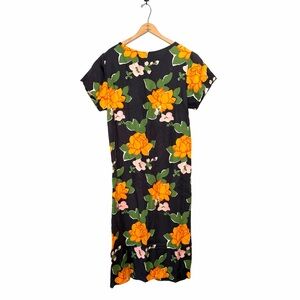 Whit Floral Back Button Maxi Dress Short Sleeve Linen Blend Size Small